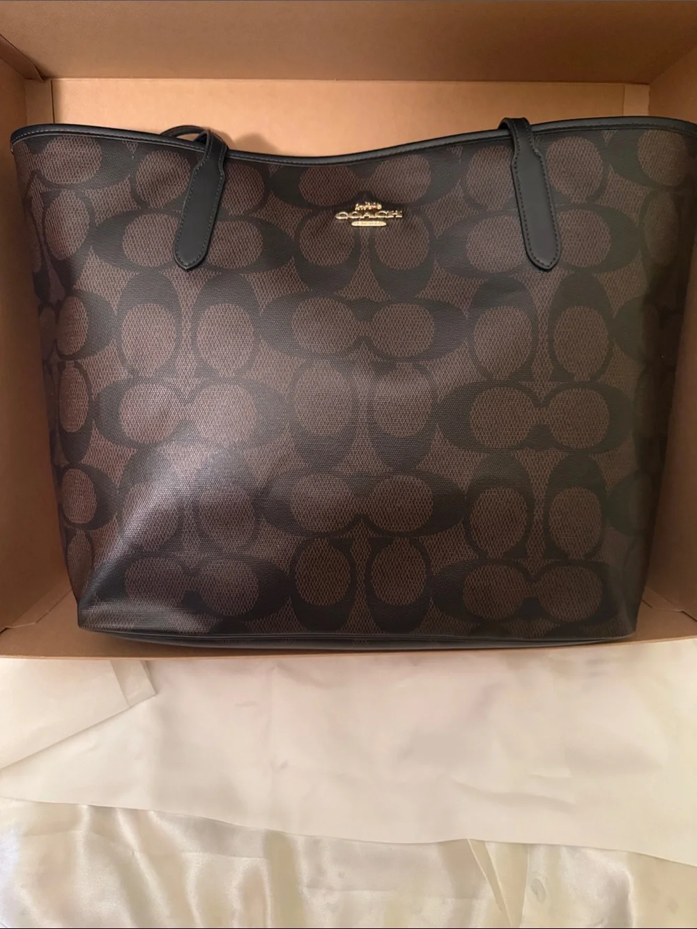 🤎Coach NWT Walnut Brown & Black Large City Tote In Signature C Monogram /Zipper